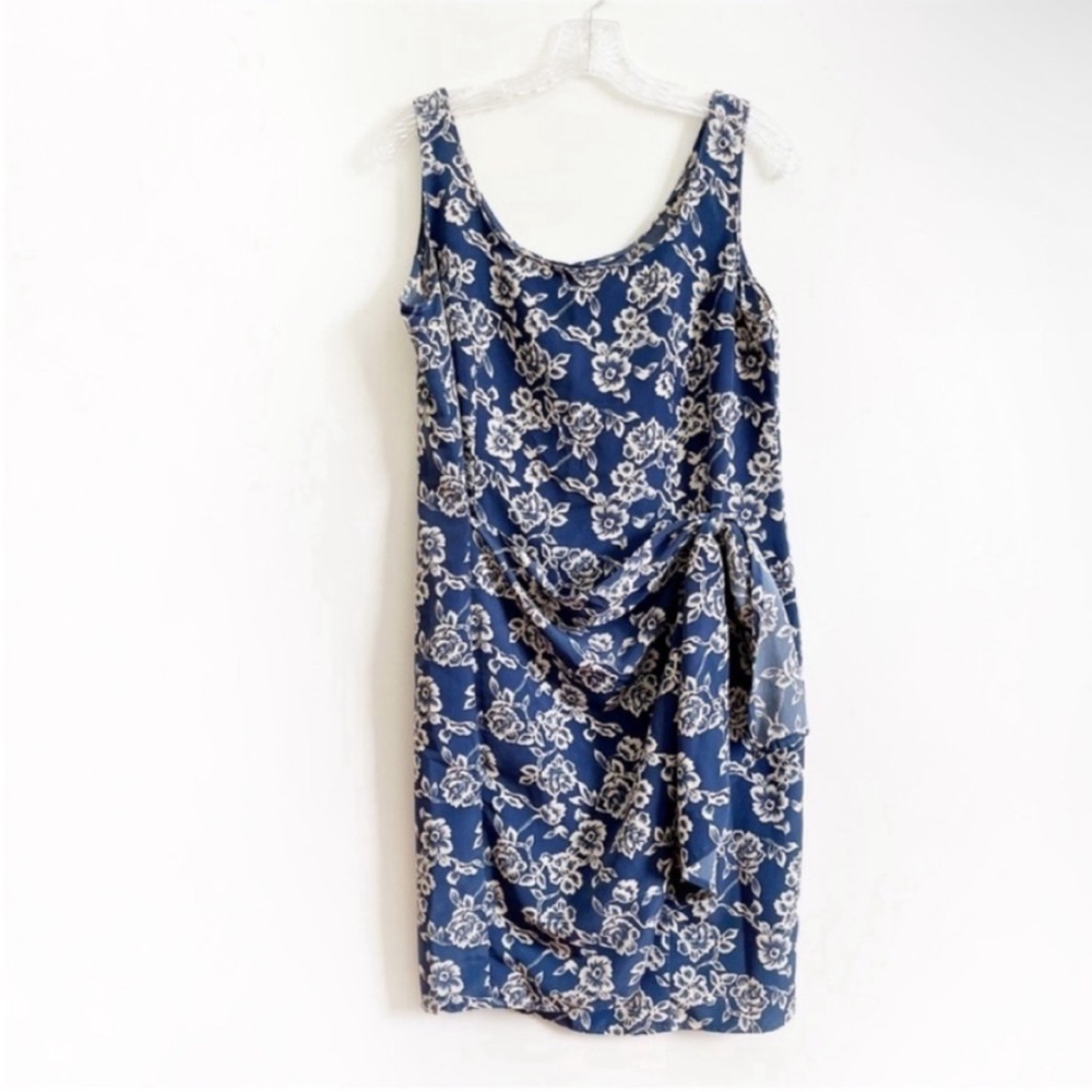 Basic Editions shift dress blue cream floral faux wrap vintage sleeveless
